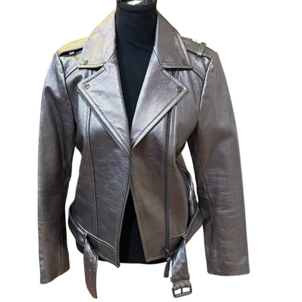 Mackage x Aritzia Metallic Gray Lamb Leather Moto Biker Jacket Small Chic Edgy